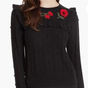 Kate Spade NY POPPY Black Sweater with Red Floral Embroidery